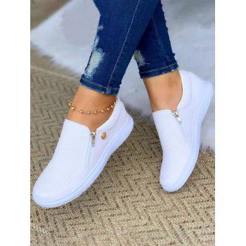 Zipper Slip On PU Flat Platform Casual Sport Sneakers, White