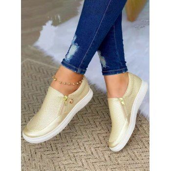 Zipper Slip On PU Flat Platform Casual Sport Sneakers, Golden