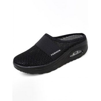 

Lazy Slip On Mesh Breathable Thick Sole Slippers Wedge Heel Slippers, Black