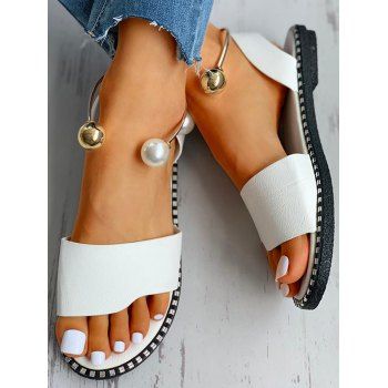 

Artificial Pearl Slip On Summer Casual PU Flat Sandals, White