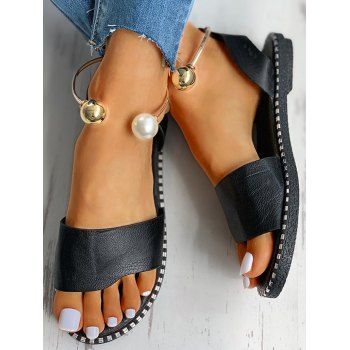 

Artificial Pearl Slip On Summer Casual PU Flat Sandals, Black