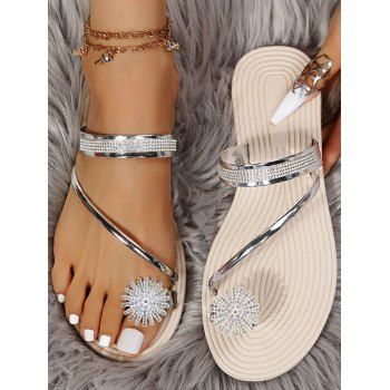 

Glitter Rhinestone Flower Slip On Flat Summer Beach Slippers, Silver