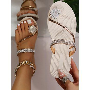 

Glitter Rhinestone Flower Slip On Flat Summer Beach Slippers, Golden