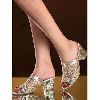 

Fish Mouth Toe Sheer Mesh Metallic Sequined Chunky Heel Slippers, Golden