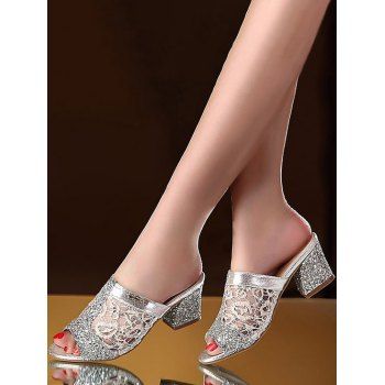

Fish Mouth Toe Sheer Mesh Metallic Sequined Chunky Heel Slippers, Silver
