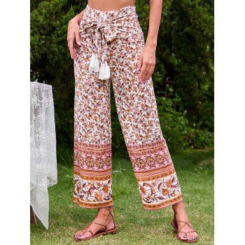 

Bohemian Flower Allover Print Wide Leg Pants Tassel Self Belt Long Loose Pants, Orange