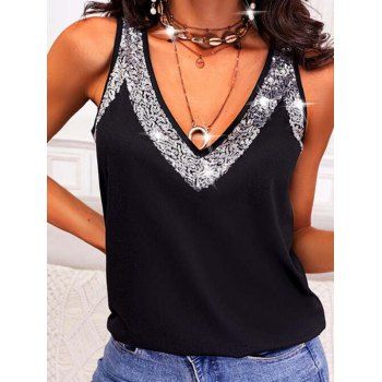 Sparkly Sequins Panel Tank Top V Neck Sheer Lace Tank Top, Black
