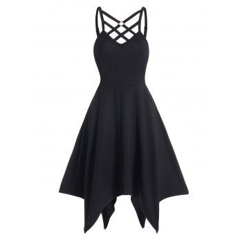 

Asymmetric Solid Color O-ring Lattice Midi Cami Dress Adjustable Strap Backless Handkerchief Dress, Black