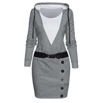 

Drawstring Hooded Mini Faux Twinset Crossover Mock Button Belted Long Sleeve Sheath Dress, Light gray