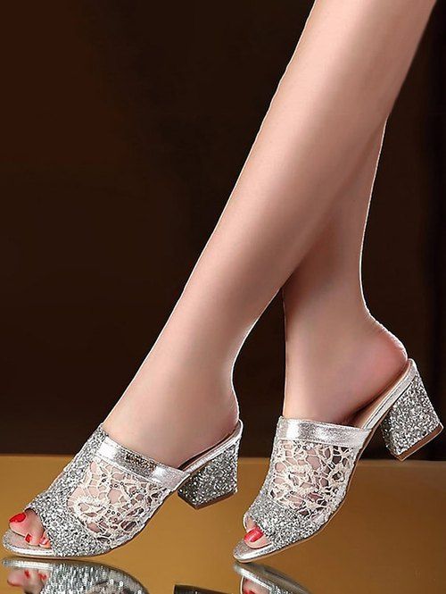 Fish Mouth Toe Sheer Mesh Metallic Sequined Chunky Heel Slippers - Argent EU 39