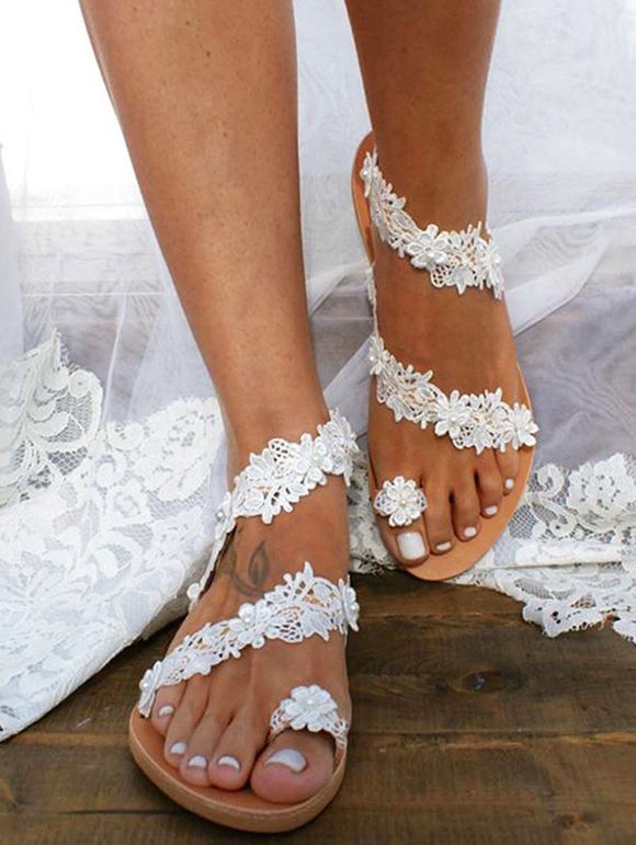 Artificial Pearl Flower Lace Beach Weddings Slippers - Blanc EU 42