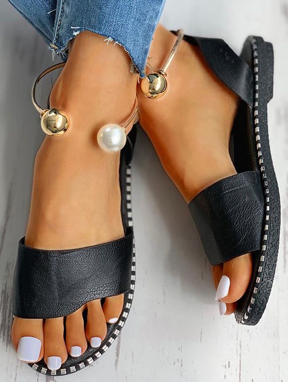 Artificial Pearl Slip On Summer Casual PU Flat Sandals - Noir EU 41