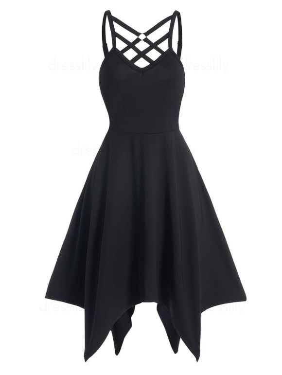 Robe Mi-Longue Mouchoir à Bretelle Asymétrique Anneau en O sans Dos en Couleur Unie - Noir M