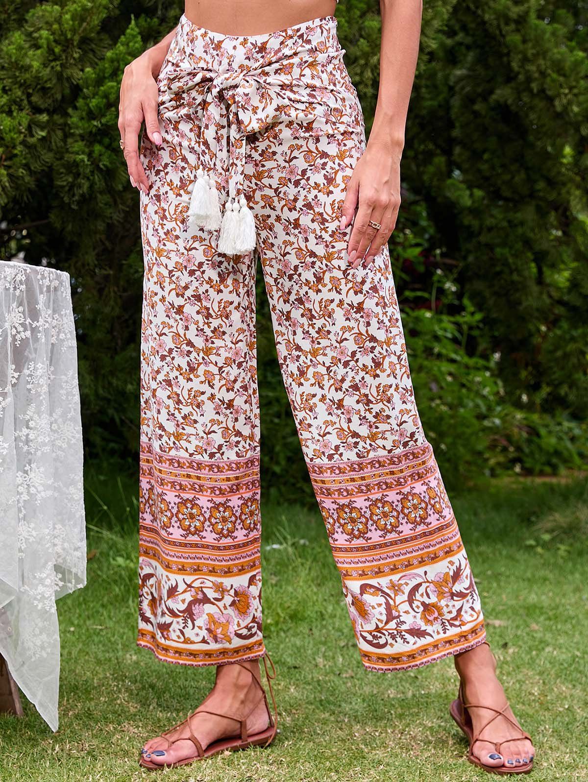 Pantalon Long Fleur Imprimée Partout à Jambe Large à Frange Style Bohémien - Orange XL