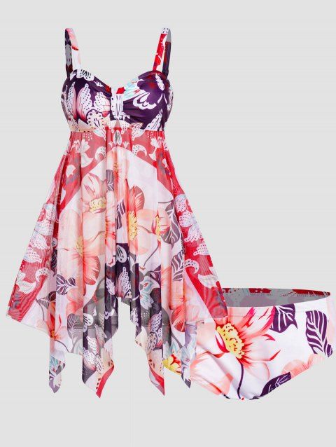 Modest Tankini Swimsuit Flower Print Mesh Panel Asymmetric Hem Swimwear Padded Ruched Bathing Suit