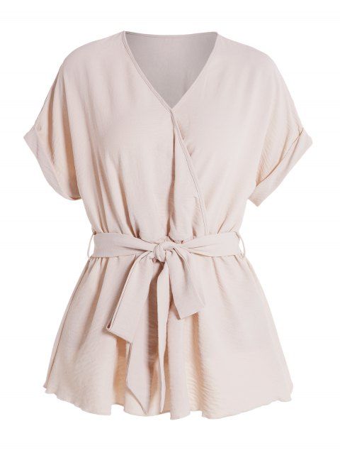 Blouse Décontractée Ceinturée Superposée en Couleur Unie Manches Courtes à Taille Haute Elastique à Col Plongeant