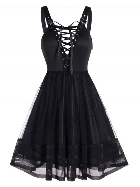 Lace Up Mesh Overlay A Line Dress Adjustable Buckle Strap Sleeveless Dress