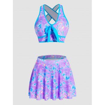 

Psychedelic Printed Tankini Swimsuit Bowknot Crisscross Skirt Padded Cut Out Swimwear, Multicolor a