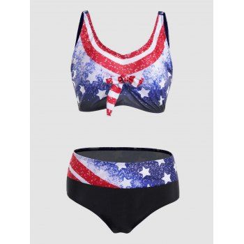 

Striped Star Print Tankini Swimsuit Bowknot Padded Strap Patriotic Swimwear, Multicolor a