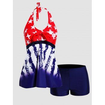 

Modest Tankini Swimsuit Star Striped Print Halter Swimwear Bowknot Padded Boyshorts Patriotic Bathing Suit, Multicolor a