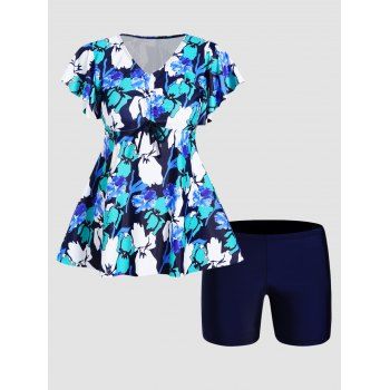 

Flower Leaf Print Tankini Swimsuit Cinched Flare Sleeve Modest Swimwear Boyshorts Padded Bathing Suit, Multicolor a