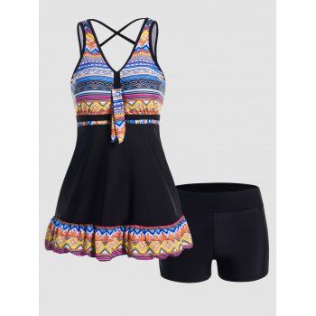 

Bohemian Tankini Swimsuit Colored Geometric Print Crisscross Swimwear Padded Boyshorts Modest Bathing Suit, Black