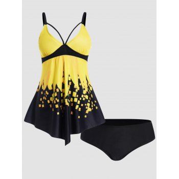 Modest Tankini Swimsuit Colorblock Flower Print Swimwear Cut Out Padded Bathing Suit