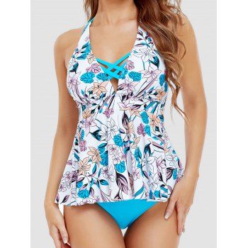 

Modest Tankini Swimsuit Allover Flower Print Crisscross Swimwear Padded Strap Bathing Suit, Blue