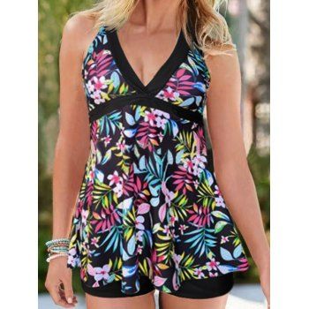 

Modest Tankini Swimsuit Allover Flower Leaf Print Halter Swimwear Padded Boyshorts Tropical Bathing Suit, Multicolor a