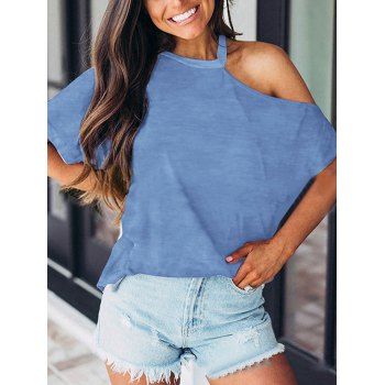 

Plain Color T Shirt Cold Shoulder Round Neck Short Sleeve Casual Tee, Blue
