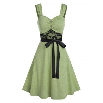 

Summer Vacation Lace Insert Button Ruched Belted Dress, Green