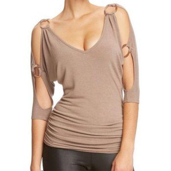 

Cold Shoulder T Shirt O Ring Ruched T-shirt Long V Neck Casual Tee, Coffee