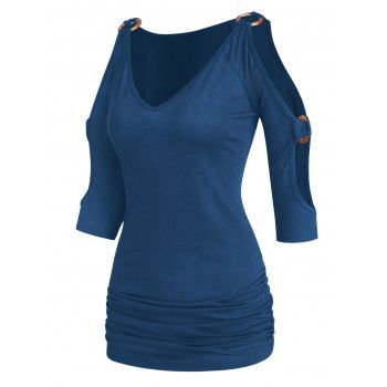 

Cold Shoulder T Shirt O Ring Ruched T-shirt Long V Neck Casual Tee, Deep blue