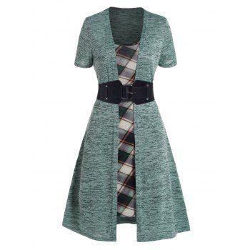Robes Décontractées Mini Robe Linge A Ceinturée Teintée Panneau à Carreaux à Taille Haute Fausse Deux Pièces