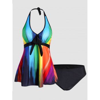 

Rainbow Color Striped Print Tankini Swimsuit Bowknot Padded Halter Swimwear Modest Bathing Suit, Black