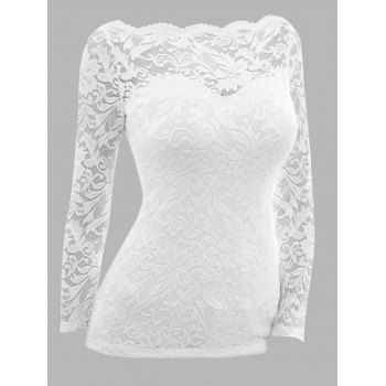 

Sheer Flower Lace Top Off The Shoulder Long Sleeve Top, White