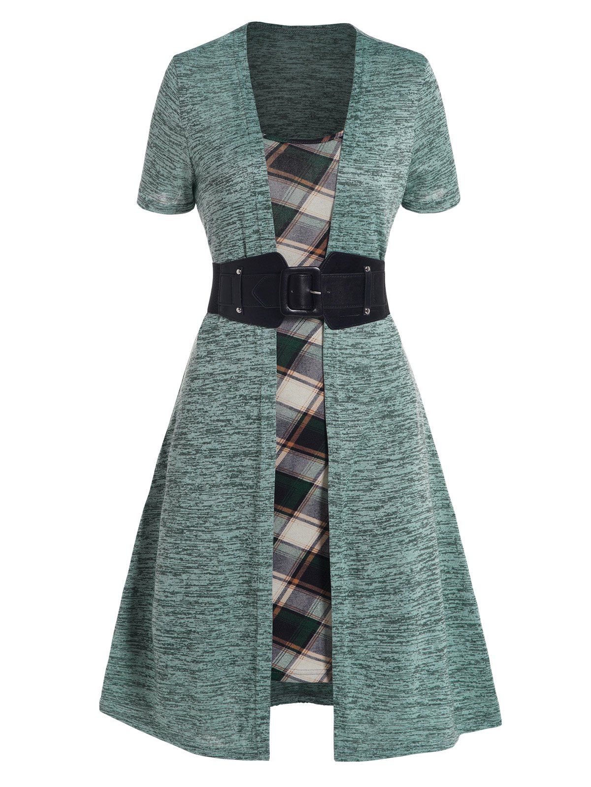 Space Dye Plaid Print Panel Faux Twinset Dress Belted High Waisted A Line Mini Twofer Dress - GREEN XXL