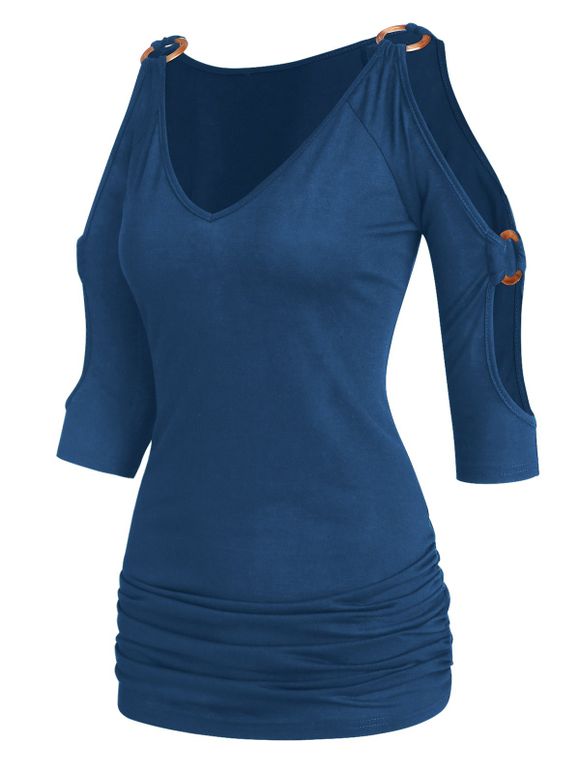 T-shirt Décontracté Long Anneau en O à Epaule Dénudée à Col V à Volants - Bleu profond XXXL