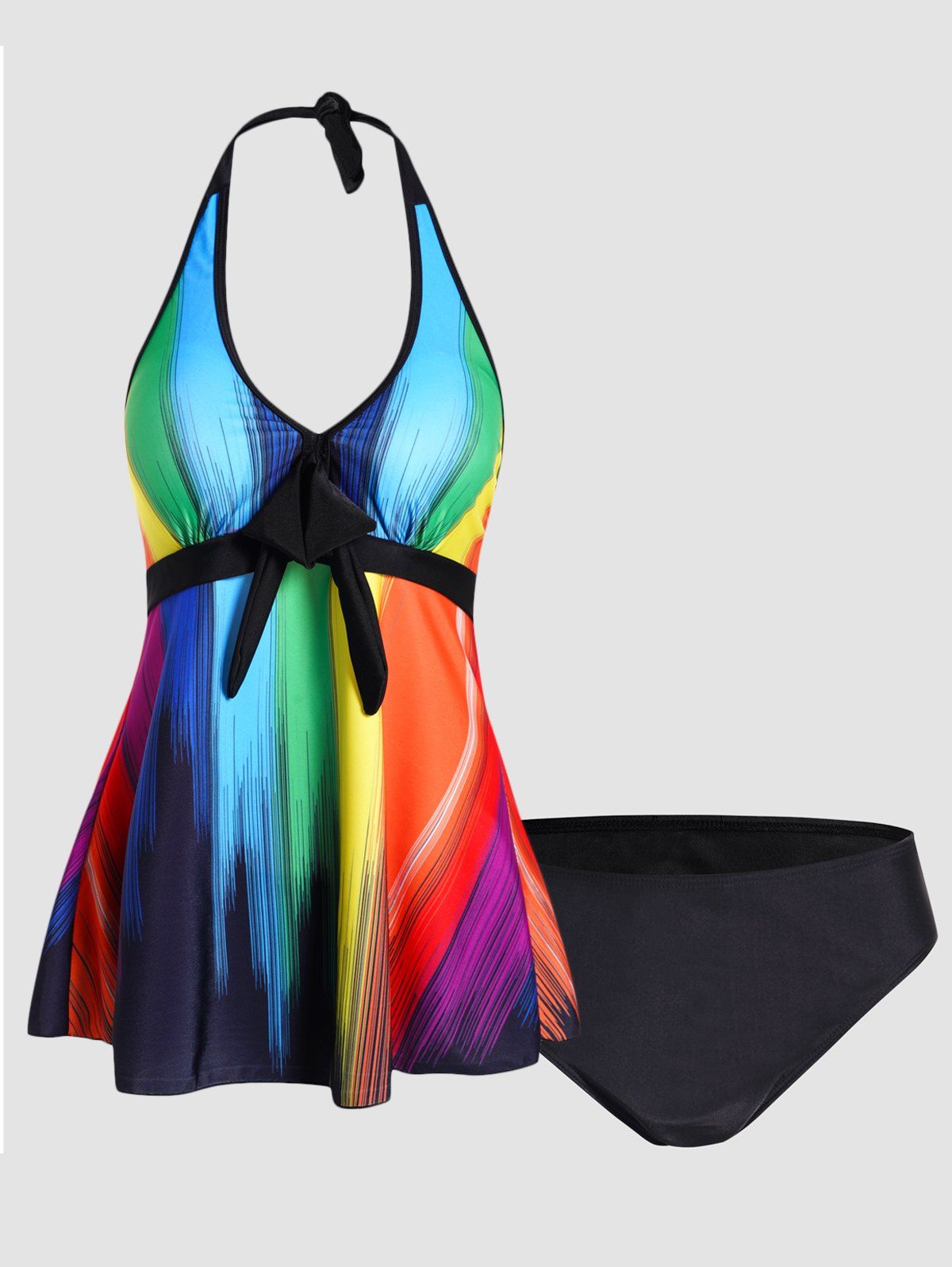 Rainbow Color Striped Print Tankini Swimsuit Bowknot Padded Halter Swimwear Modest Bathing Suit - BLACK 3XL