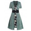 Space Dye Plaid Print Panel Faux Twinset Dress Belted High Waisted A Line Mini Twofer Dress - GREEN XXL