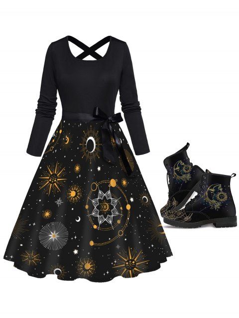 Celestial Sun Moon Star Galaxy Print Bowknot Crosscriss Long Sleeve Dress And Lace Up Thick Heels Matin Boots Outfit
