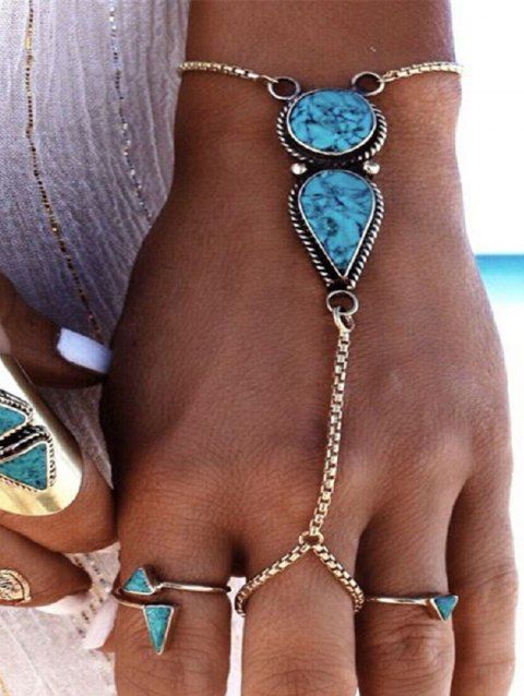 Faux Turquoise Waterdrop Round Shape Adjustable Chain Finger Bracelet
