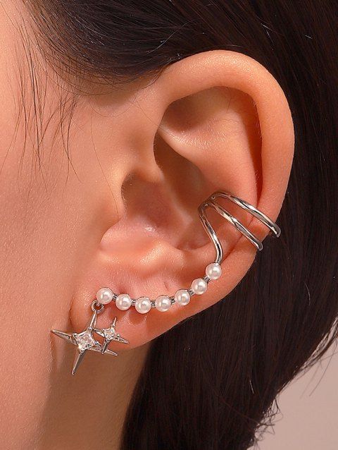 1Pc Artificial Pearl Rhinestone Star Earring Cuff
