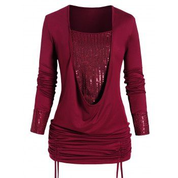 

Sparkly Sequins Cinched Faux Twinset Top Full Sleeve Long Twofer Top, Deep red
