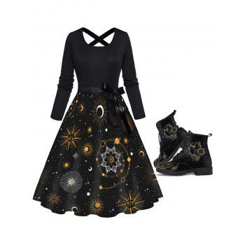 

Celestial Sun Moon Star Galaxy Print Bowknot Crosscriss Long Sleeve Dress And Lace Up Thick Heels Matin Boots Outfit, Black