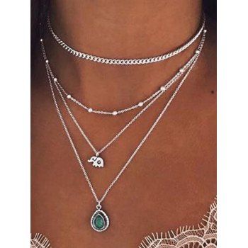 

Elephant Waterdrop Pendant Beads Layered Chain Necklace, Silver