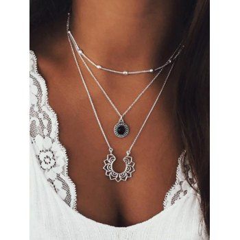 Hollow Out Flower Pendant Layered Beads Chain Necklace