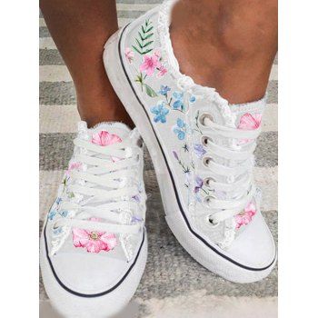 

Floral Print Frayed Lace Up Canvas Casual Sport Flat Shoes, White