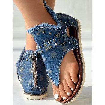 

Zip Up Back Rivets Canvas Fryed Cut Out Flat Sandals, Blue