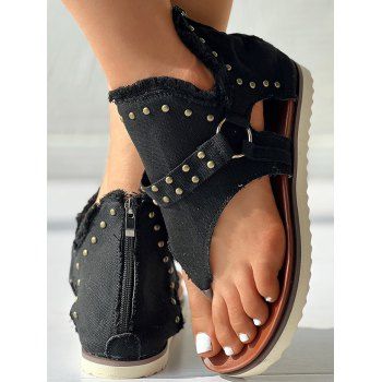 

Zip Up Back Rivets Canvas Fryed Cut Out Flat Sandals, Black